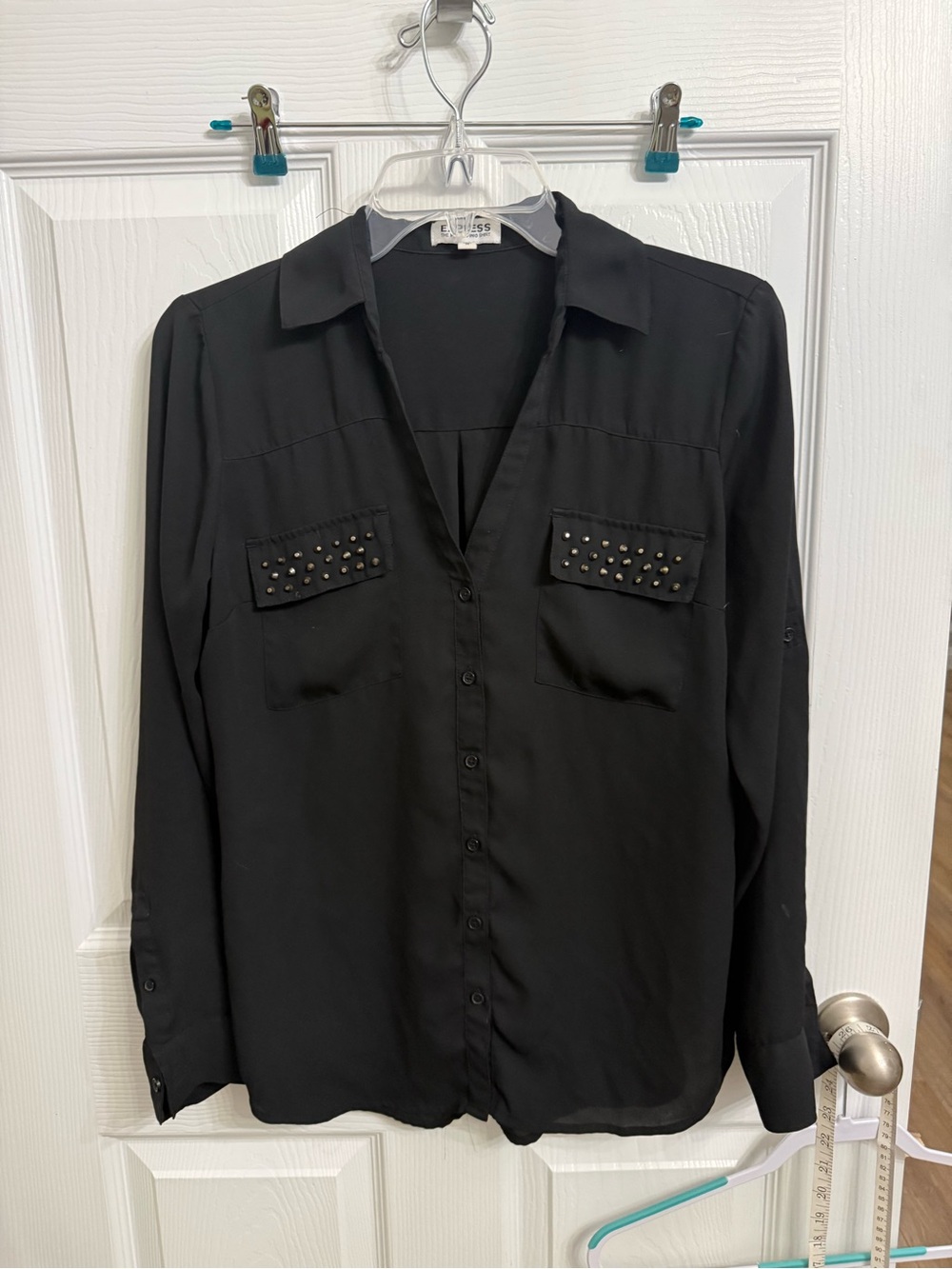 Express The Portofino Shirt Black Studded semi sheer Blouse Size Medium